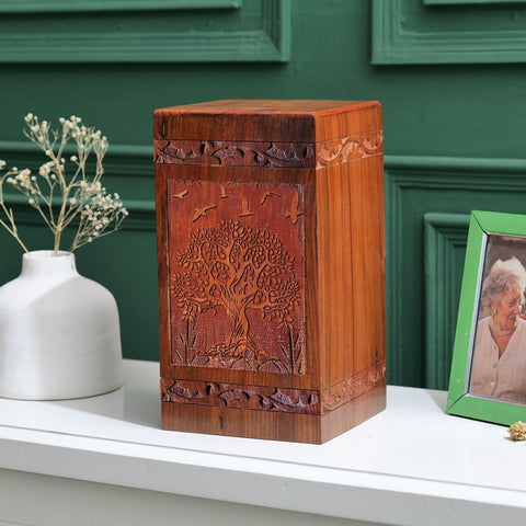 Engraved Rosewood Cremation Urn – Tree of Life Wooden Ashes Box - Memorialine