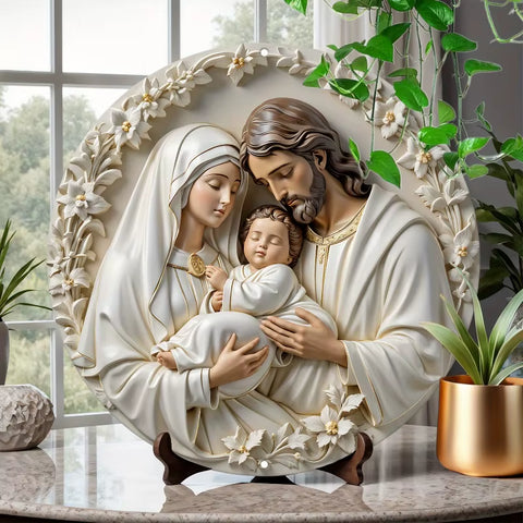 Holy Family Emblem Wall Art, round Metal Decor, Aluminum Poster Board for Living Room, Virgin Mary Theme, Christmas Decoration