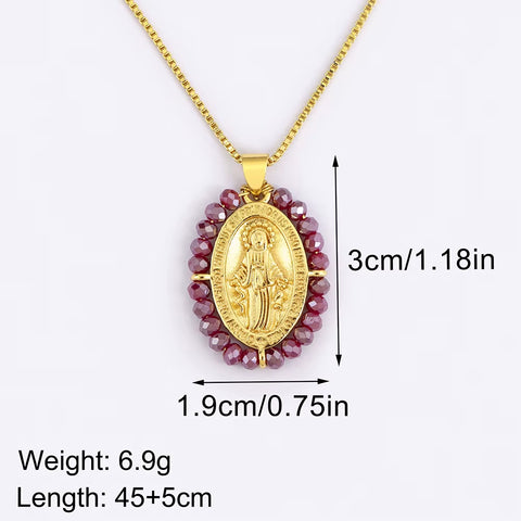 Hot Sale Virgin Mary Relief Portrait Charm Pendant Necklace for Women Men Oval Shape Pave Beads Chain Choker Jewelry Gifts