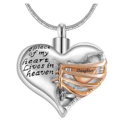 A Piece of My Heart Lives in Heaven Two Tone Locket Heart Cremation Memorial Ashes Urn Necklace Jewelry Keepsake Pendant