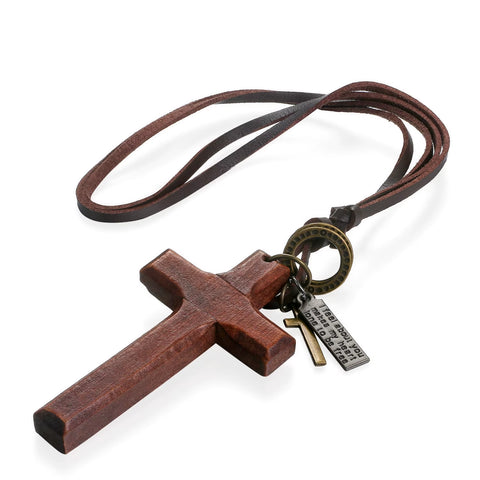 Vintage Wood Cross Crucifix Necklaces for Men Women Adjustable Rope Cord Sweater Chain Religious Prayer Unisex Jewelry