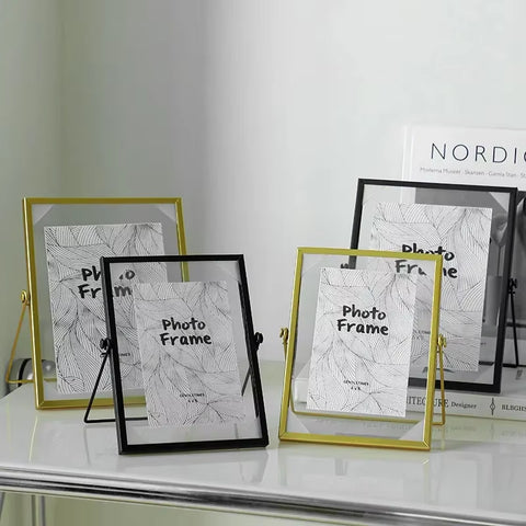 4/6/7 Inch Glass Pressed Flowers Frame Collection Tabletop Gold Metal Floating Standing Glass Picture Artwork Photo Display Fram