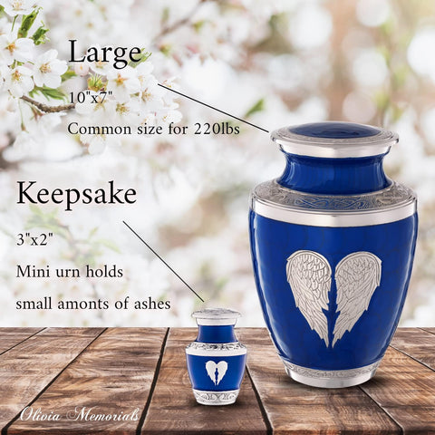 Blue Urn for Ashes Adult Male Female| Heart Funeral Decorative Angel Wings Urn for Women and Men Carefully Handcrafted with Free Pendant Necklace