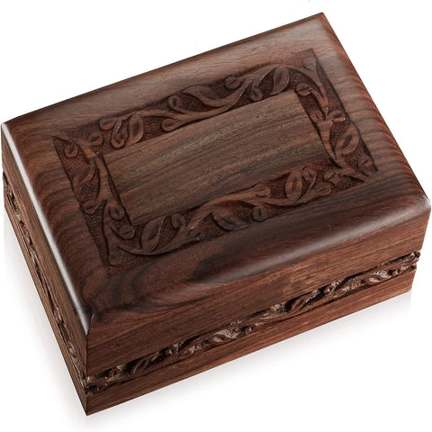 Rosewood Hand-Carved Urn Box Cremation Memorial with Velvet Bag - Small