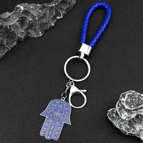 Hebrew Judaism Hexagram Jewish Hamsa Hand Fish Eyes Key Chain Stainless Steel Blue Color David Star Hand of Fatima Jewelry - Memorialine
