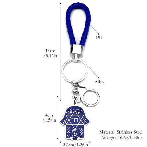 Hebrew Judaism Hexagram Jewish Hamsa Hand Fish Eyes Key Chain Stainless Steel Blue Color David Star Hand of Fatima Jewelry - Memorialine