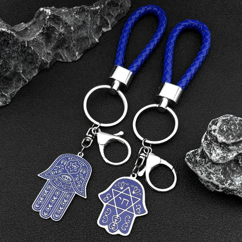 Hebrew Judaism Hexagram Jewish Hamsa Hand Fish Eyes Key Chain Stainless Steel Blue Color David Star Hand of Fatima Jewelry - Memorialine