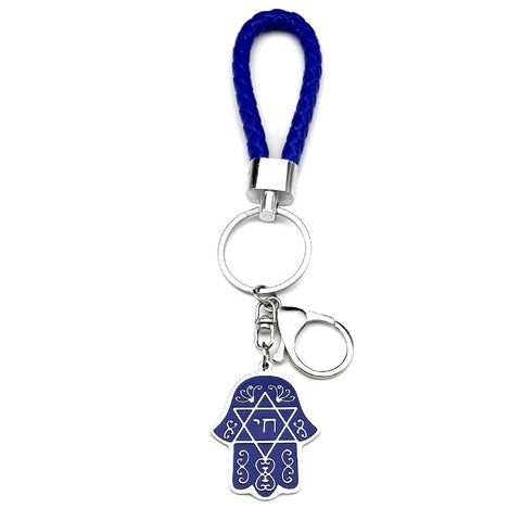 Hebrew Judaism Hexagram Jewish Hamsa Hand Fish Eyes Key Chain Stainless Steel Blue Color David Star Hand of Fatima Jewelry - Memorialine