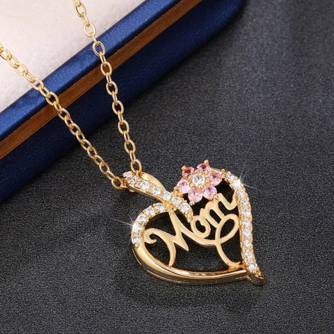 Huitan Mother'S Day Necklace for Mom Luxury Trendy Craved Pendant Necklace Pink Flower Aesthetic Neck Accessories Love Jewelry - Memorialine