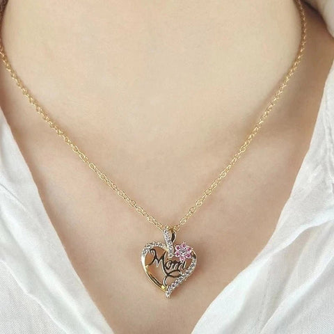 Huitan Mother'S Day Necklace for Mom Luxury Trendy Craved Pendant Necklace Pink Flower Aesthetic Neck Accessories Love Jewelry - Memorialine