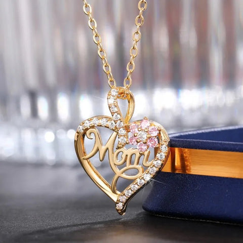 Huitan Mother'S Day Necklace for Mom Luxury Trendy Craved Pendant Necklace Pink Flower Aesthetic Neck Accessories Love Jewelry - Memorialine