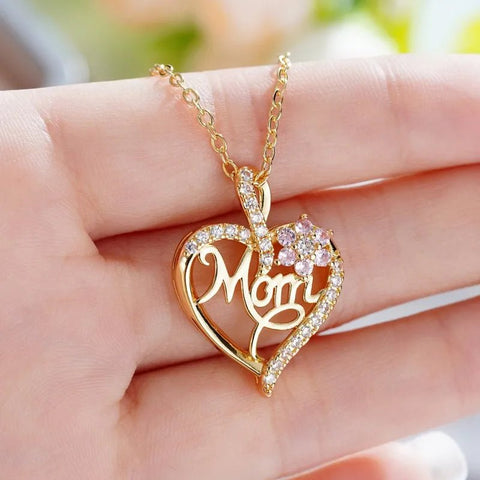 Huitan Mother'S Day Necklace for Mom Luxury Trendy Craved Pendant Necklace Pink Flower Aesthetic Neck Accessories Love Jewelry - Memorialine
