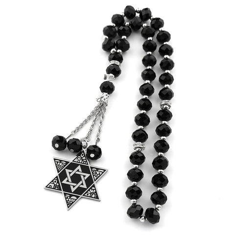 Jewish Hexagram Judaica Symbol Blue Enamel Car Pendant Stainless Steel Star of David Shield 33 Glass Paryer Beads Jewelry Gift - Memorialine