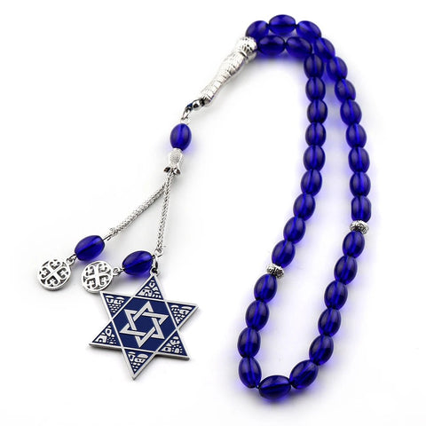 Jewish Hexagram Judaica Symbol Blue Enamel Car Pendant Stainless Steel Star of David Shield 33 Glass Paryer Beads Jewelry Gift - Memorialine