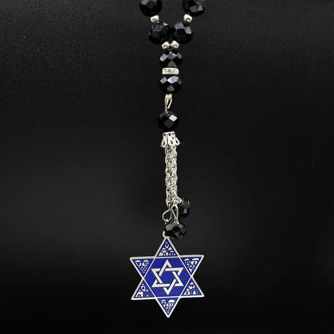 Jewish Hexagram Judaica Symbol Blue Enamel Car Pendant Stainless Steel Star of David Shield 33 Glass Paryer Beads Jewelry Gift - Memorialine