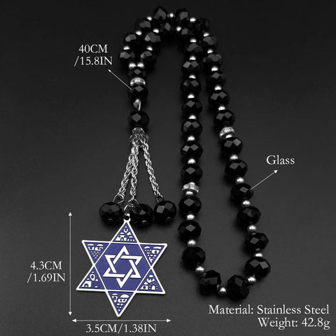 Jewish Hexagram Judaica Symbol Blue Enamel Car Pendant Stainless Steel Star of David Shield 33 Glass Paryer Beads Jewelry Gift - Memorialine