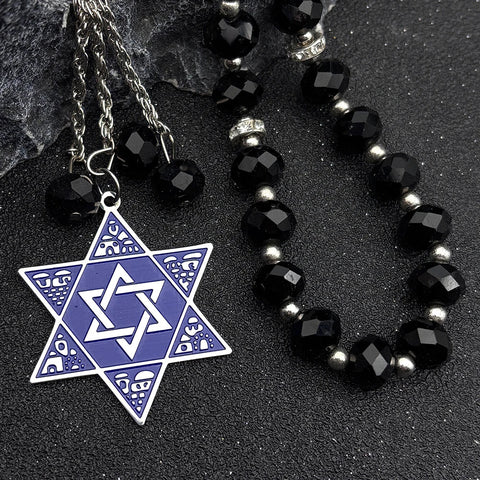 Jewish Hexagram Judaica Symbol Blue Enamel Car Pendant Stainless Steel Star of David Shield 33 Glass Paryer Beads Jewelry Gift - Memorialine
