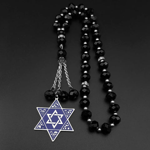 Jewish Hexagram Judaica Symbol Blue Enamel Car Pendant Stainless Steel Star of David Shield 33 Glass Paryer Beads Jewelry Gift - Memorialine
