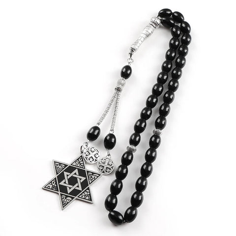 Jewish Hexagram Judaica Symbol Blue Enamel Car Pendant Stainless Steel Star of David Shield 33 Glass Paryer Beads Jewelry Gift - Memorialine