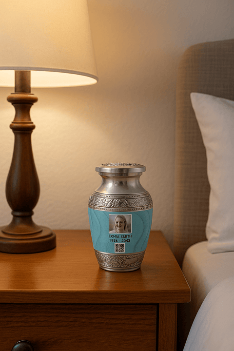 Mini Keepsake Urn - Light Blue and Silver - Small Ashes Memorial Urn - Memorialine
