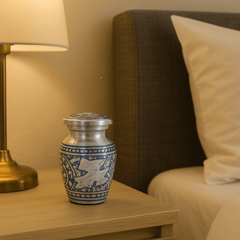 Mini Keepsake Urn – Silver with Blue Engraved Doves - Memorialine