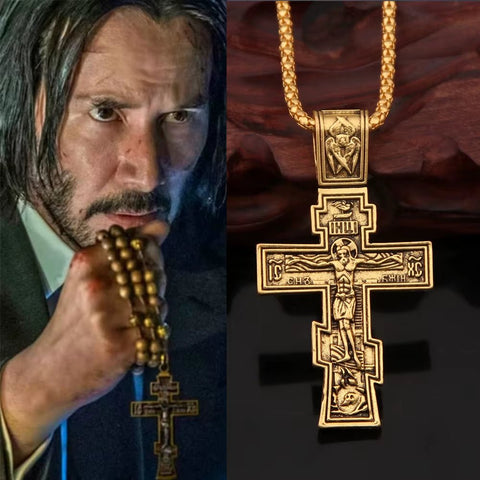 Movie John Wick Jesus Cross Necklace Crucifix Eastern Orthodox Prayer Big Pendant for Men Women Jewelry Accessories Gifts - Memorialine