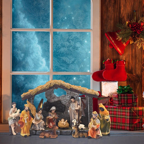 Nativity Manger Set 12 - Pcs Resin Hand - Painted Nativity Figurines Christmas Nativity Figurine Collection Holy Family Religious - Memorialine