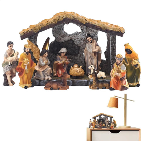 Nativity Manger Set 12 - Pcs Resin Hand - Painted Nativity Figurines Christmas Nativity Figurine Collection Holy Family Religious - Memorialine