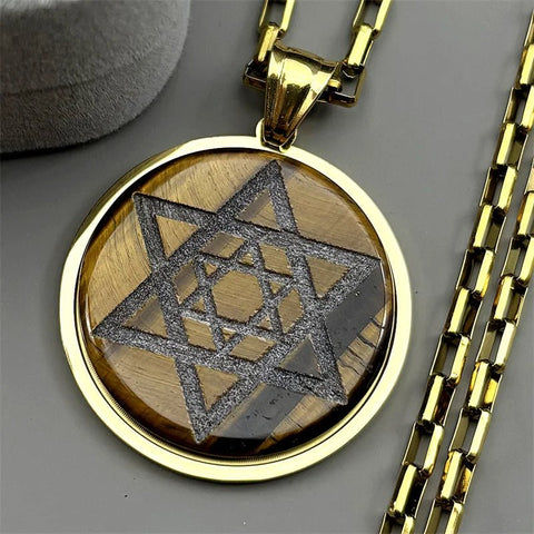 Natural Stones Jewish Hexagram Symbol Pendant Necklace Stainless Steel Gold Color Judaism Star of David Shield Magen Jewelry - Memorialine