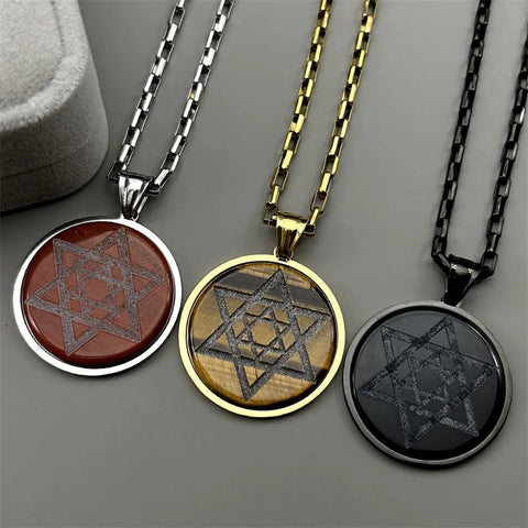 Natural Stones Jewish Hexagram Symbol Pendant Necklace Stainless Steel Gold Color Judaism Star of David Shield Magen Jewelry - Memorialine