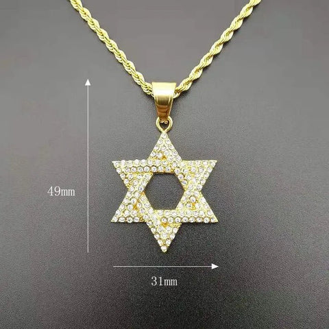 New 1Pcs Hip Hop Rhinestone Gold Color Stainless Steel Necklaces Jewish Star of David Hexagram Pendant Necklace for Men Rapper - Memorialine