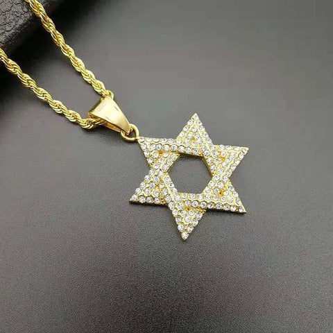 New 1Pcs Hip Hop Rhinestone Gold Color Stainless Steel Necklaces Jewish Star of David Hexagram Pendant Necklace for Men Rapper - Memorialine