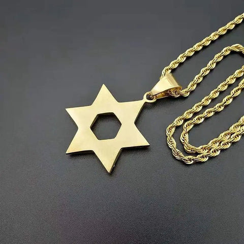 New 1Pcs Hip Hop Rhinestone Gold Color Stainless Steel Necklaces Jewish Star of David Hexagram Pendant Necklace for Men Rapper - Memorialine