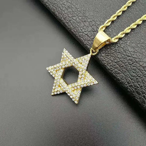New 1Pcs Hip Hop Rhinestone Gold Color Stainless Steel Necklaces Jewish Star of David Hexagram Pendant Necklace for Men Rapper - Memorialine
