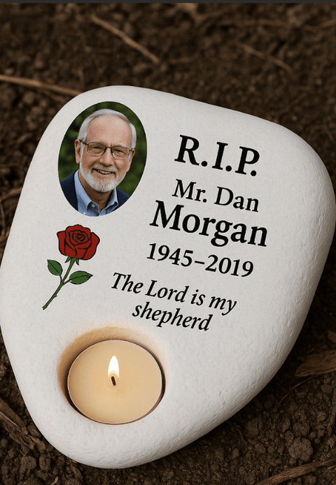 Personalized Memorial Stone with Photo and Candle Holder - Memorialine