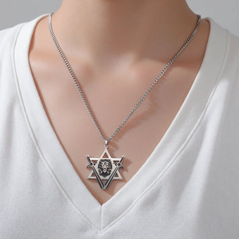 Punk Star of David Lion Head Pendant Necklaces Women Men Stainless Steel Gold Plated Chains Amulet Jewelry Party Couple Gifts - Memorialine