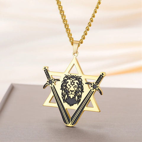 Punk Star of David Lion Head Pendant Necklaces Women Men Stainless Steel Gold Plated Chains Amulet Jewelry Party Couple Gifts - Memorialine