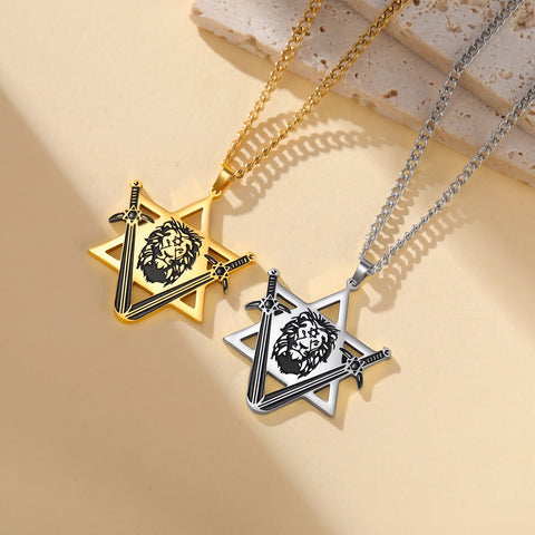 Punk Star of David Lion Head Pendant Necklaces Women Men Stainless Steel Gold Plated Chains Amulet Jewelry Party Couple Gifts - Memorialine
