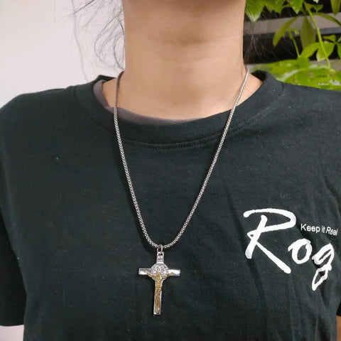 Real 925 Sterling Silver Catholic Cross Pendant Amulet Necklace Jesus Christ Jewelry for Men and Women - Memorialine