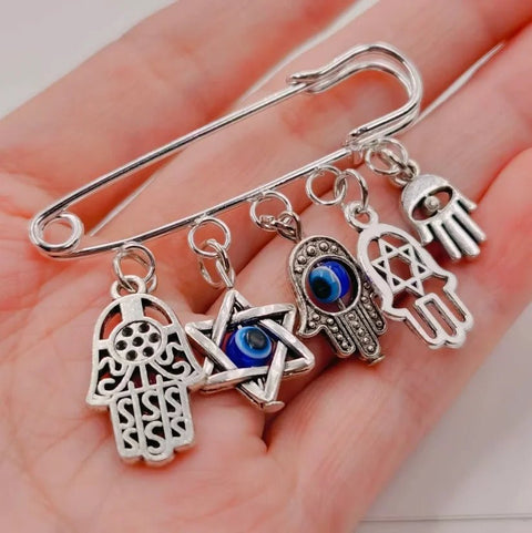 Retro Fashion Greek Eye Fatima Hand Pin Brooch Turkish Evil Blue Eye Women Men Suits Dress Pin Brooch Decor Jewelry - Memorialine