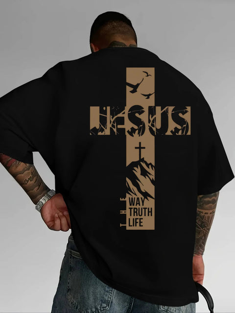 Summer Christian Style Jesus Cross Pattern Printed Short-Sleeved 100% Cotton Men'S T-Shirt with Faith Theme Loose and Trendy Top - Memorialine