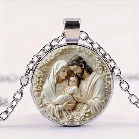 The Holy Family Necklace - Inspiring Round Jesus Glass Dome Cabochon Pendant - Memorialine