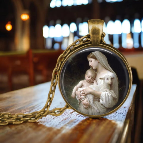 The Holy Family Necklace - Inspiring Round Jesus Glass Dome Cabochon Pendant - Memorialine