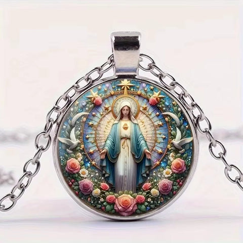 The Holy Family Necklace - Inspiring Round Jesus Glass Dome Cabochon Pendant - Memorialine