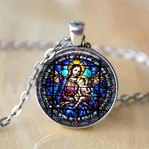 The Holy Family Necklace - Inspiring Round Jesus Glass Dome Cabochon Pendant - Memorialine