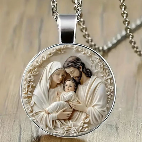 The Holy Family Necklace - Inspiring Round Jesus Glass Dome Cabochon Pendant - Memorialine