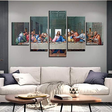 The Last Supper Wall Decor Jesus Canvas Wall Art Frame Pictures for Dining Room Kitchen 5 Piece Painting Wooden Framed Artwork - Memorialine