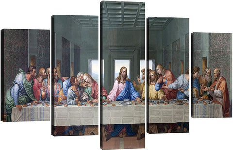 The Last Supper Wall Decor Jesus Canvas Wall Art Frame Pictures for Dining Room Kitchen 5 Piece Painting Wooden Framed Artwork - Memorialine