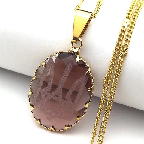 Tryzub Trident Magen Star of David Symbols Glass Oval Pendant Necklace for Women Men Hexagram Stainless Steel Chain Jewelry - Memorialine