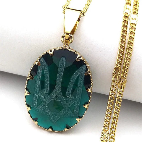 Tryzub Trident Magen Star of David Symbols Glass Oval Pendant Necklace for Women Men Hexagram Stainless Steel Chain Jewelry - Memorialine